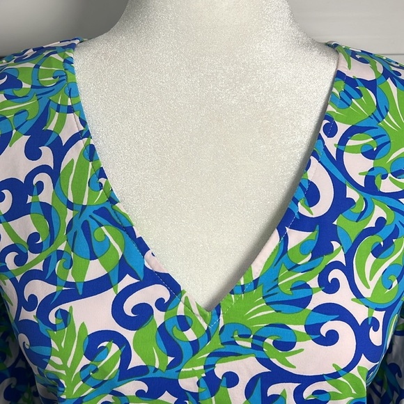 Katherine Way Leaf Scroll Print V-Neck Bell Sleeve Stretch Dress Size Small - Picture 2 of 8